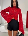 koronkowy golf la milla czerwony z marszczeniem marszczony bluzka koronkowa rozkloszowane rekawy www.butiklatuss.pl