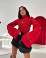 koronkowy golf la milla czerwony z marszczeniem marszczony bluzka koronkowa rozkloszowane rekawy www.butiklatuss.pl