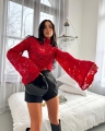 koronkowy golf la milla czerwony z marszczeniem marszczony bluzka koronkowa rozkloszowane rekawy www.butiklatuss.pl